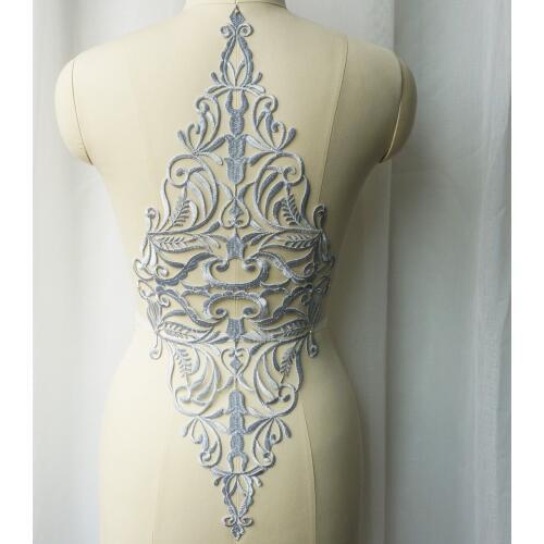 Large Silver Baroque Fabric Appliques Hollow Grid Noble Embroidered Gown Collar Sew Iron On Patch For Wedding Clothes Dress DIY