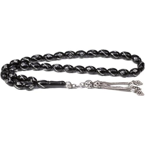 Black Natural Jet Stone Prayer Bead With Silver Tassel Men Rosary With Silver Inlay Islamic Tasbih With Grape Tassel