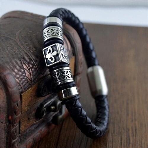 Black Braided Leather Metal Punk Wrap Bracelet for Men Retro Wrist Jewelry