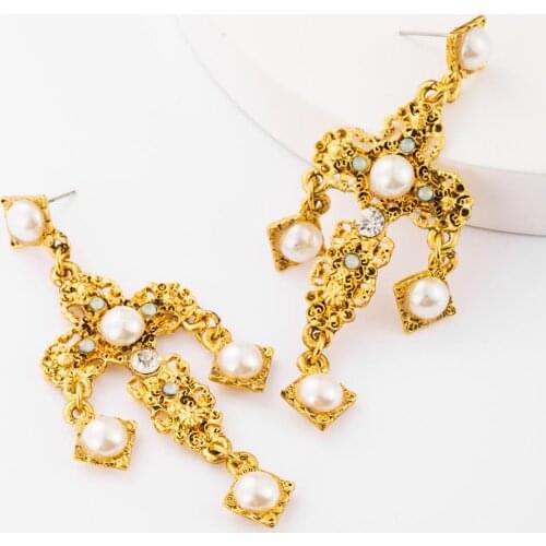 Classic Vintage Big Cross Earrings Women Luxury Retro Baroque Inlay Pearl Long Earrings Female Statement ZA Earrings Jewelry