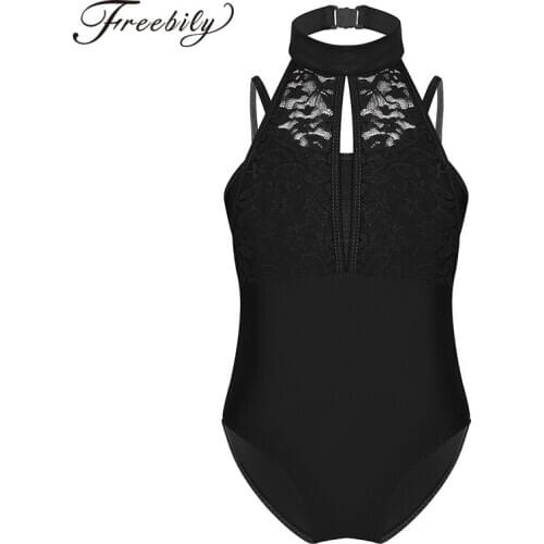 Kids Girls Spaghetti Straps Turtle Neck Lace Overlay Bodice Ballet Dance Gymnastics Leotard Jumpsuit Children Stage Dance Wear