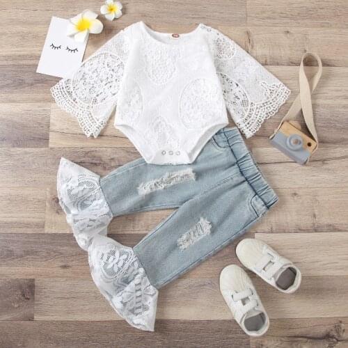 6-24M Newborn Baby Girls Jeans Clothes Set, Solid Color Long Sleeve Lace Romper Bodysuit + Long Jeans Pants 2pcs Outfits