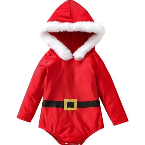 Newborn Baby Girls Christmas Hooded Romper with Fake Belt Decoration, Celebrate Festive Clothing