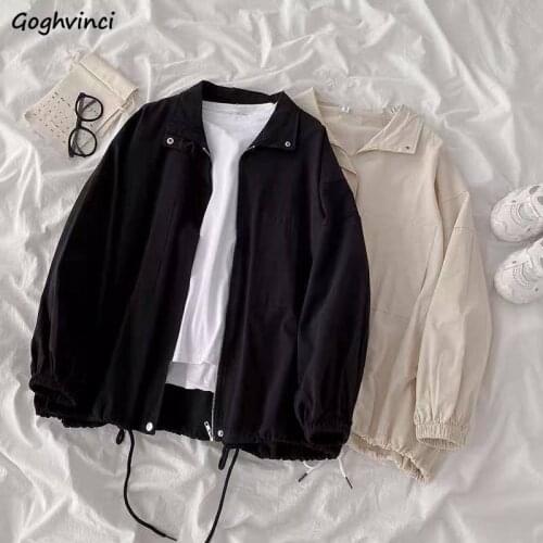 Women Simple Basic Jackets Lace Up Solid Zipper Daily Outwear Unisex Oversize Couple High Quality Females Clothing Windbreaker