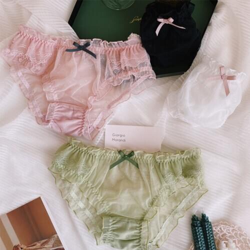 Sweet Hollow Out Panties For Women Bow Ruffles Seamless Transparent Underwear Mesh Lingerie