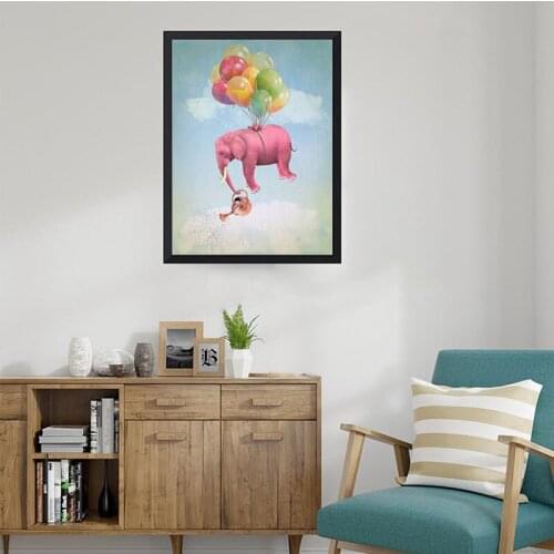 Wall Art Poster Cartoon Pink Flying Elephant Balloon Baby Nursery Animal Canvas Painting Nordic Kid Bedroom Decoration Picture