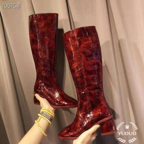 Vibsterimma High Quality Burgundy Patent Croc Knee Boots Women Genuine Leather Riding Knee High Boots
