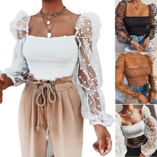 Sexy Women Lace Blouse Elastic Top Shirt Transparent Lace Puff Sleeve Square Net /BY
