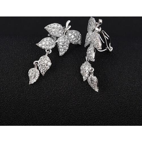 Sparkly Leaf Shape Non Piercing Ear Jewelry CZ Crystal Long Dangle Drop Women Clip On Earrings No Pierced Hole