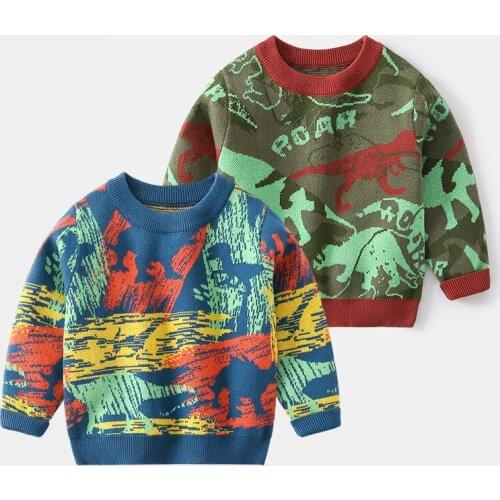 Boys Sweaters Cartoon Dinosaur Kids Warm Knitwear Spring Autumn Long Sleeve Knitted Tops for Children