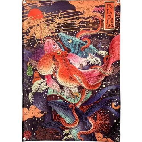 Carp Japanese Ukiyo-e Tattoo Banners Tapestry Retro Poster Wall Sticker Bar Cafe Home Decor Hanging Flag 4 Gromments in Corners