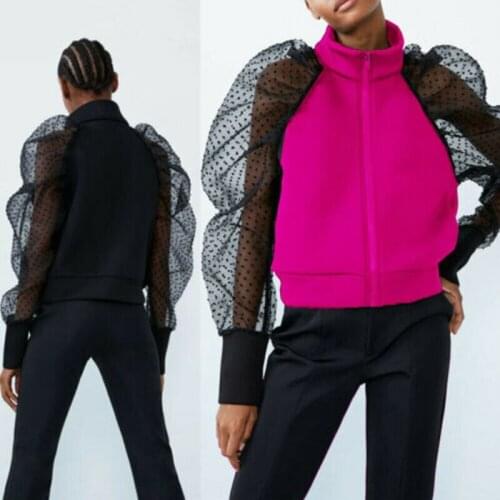 Women Sheer Mesh Sexy See-through Polka Dot Puff Long Sleeve Zipper Slim Jackets Autumn Fashion Patchwork Coat Overcoat