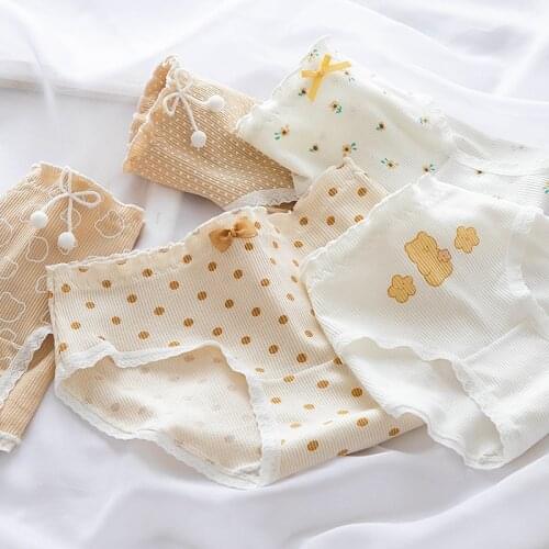 Women Panties Cotton Striped Briefs Cute Print Girls Lace Wrinkled Edges Bow Underwear Ladies Womens Pants Female NK80