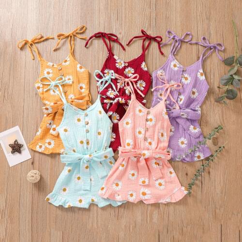 FOCUSNORM 1-6Y Summer Lovely Baby Girls Overalls Rompers Sunflowers Print Sleeveless Ruffles Single Breasted Belt Jumpsuits