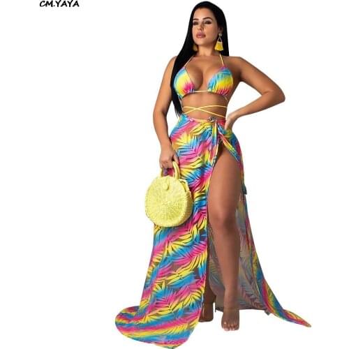 2019 new women beach leaf bohemian print chiffon high side split skirt halter bra panties 3 pcs set sexy bodysuit Y5097