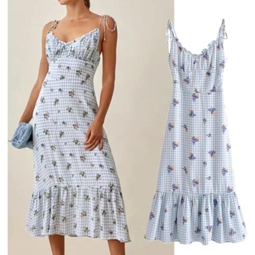 Jenny&Dave Long Dress Summer Women Ins Fashion Blogger Vintage Plaid Floral Printing Spaghetti Strapless Sexy Vneck Vestidos
