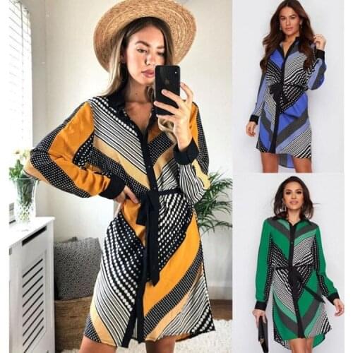 Womens autumn new style floral long-sleeved shirt dress fashion tie dress