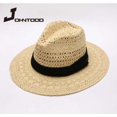 2021 Summer Women Straw Jazz Hat with Black Ribbon Sunshade Flat Cap UV Protect Travel Cap Beach Fedora Panama Hat Visors Hats