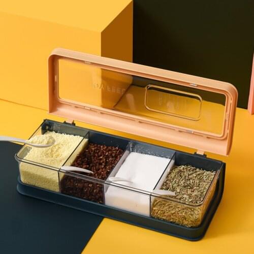 4 Grids Kitchen Organizer Storage Boxes Spices Seasoning Jar Transparent Sugar Salt Bottle With Spoon Kitchen Accessories