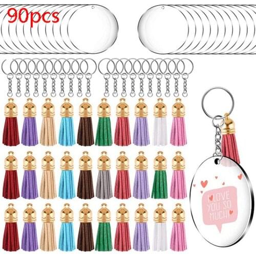 90Pcs Acrylic Clear Circle Discs Keychain Set Round Acrylic Keychain Blanks Leather Tassel Pendant Jump Rings for DIY