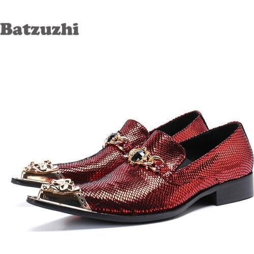 Batzuzhi Italian Type Men Dress Shoes Formal Leather Shoes Men Pointed Iron Toe zapatos de hombre Wine Red Wedding Men Shoes