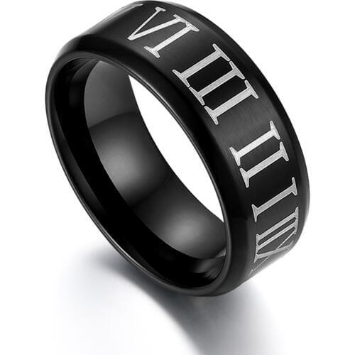 BONISKISS Mens Roman Numberals Ring Fashion Black Stainless Steel Simple Bijoux Jewelry For Man Punk Round Males Ring