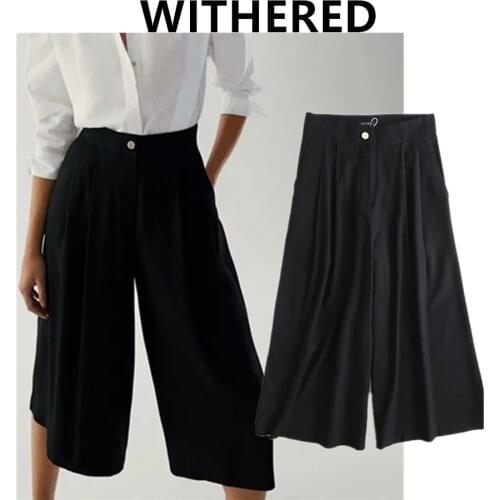 Jenny&Dave women pantalones mujer trousers sets england fashion vintage high waist pleated Culotte casual ankle wide leg pants