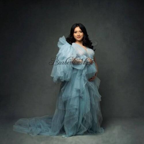 Elegant Sky Blue Ruffles Tulle Maternity Dress Long Robes To Photo Shoot Pretty Tiered Women Dresses Custom Made Mesh Gowns