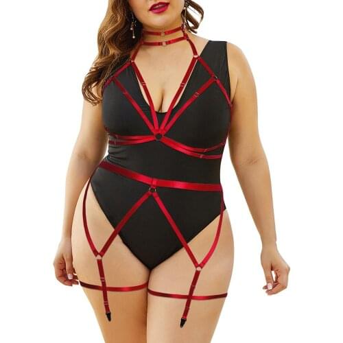 Fetish Erotic Full Body Harness Exotic Costume 2Pc Sexy Lingerie Sets Goth Plus Size Hollow Bra Plump Women Punk Accessories