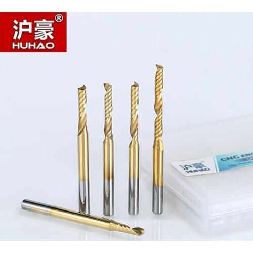 HUHAO 1pc Shank 3.175mm TiN Coating Single Flute Spiral Cutter Router Bit CNC End Mill Carbide Milling Cutter CNC Bits