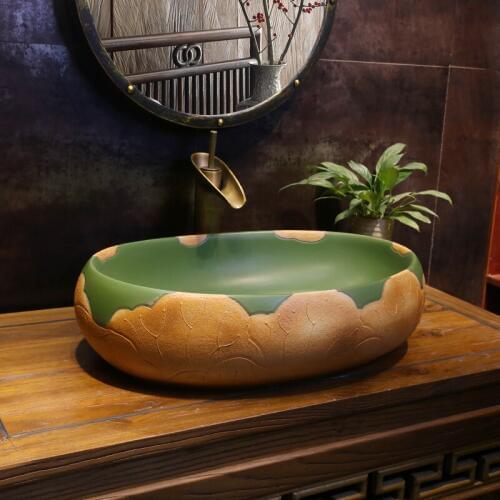 Chinese Lotus Leaf Art Basin Oval-shaped Ceramic Washbasin Toilet Washbasin counter top ceramic wash Basin bathroom sink