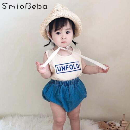 2021 Summer Ins Baby Girl And Boys Two Pieces Sets Printed Odel Cotton Vest + Denim PP Short Baggy Pants 2-piece Suit Korean Kid