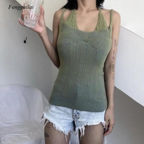 2021 Summer Womens New Fashion Slim Knit Halter Halter Vest Hollow Halter Neck Fake Two-Piece Sling