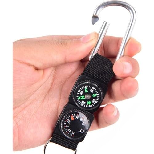 Multifunction 3 In 1 Camping Climbing Hiking Mini Carabiner W Keychain Compass Thermometer Hanger Key Ring Black