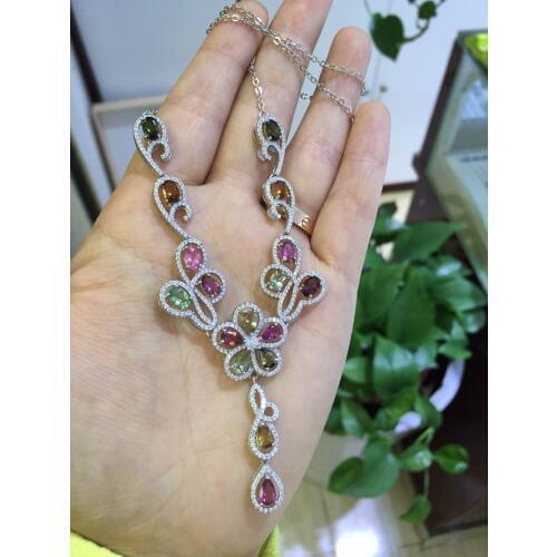 Natural multicolor tourmaline Necklace Natural Gemstone Pendant Necklace 925 sliver trendy Luxury Flowers women party Jewelry