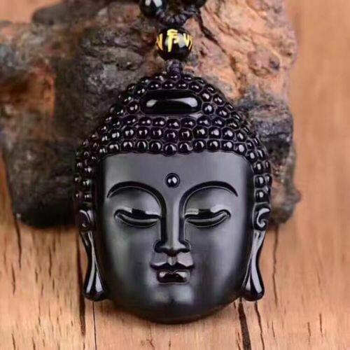 Natural Obsidian Buddha head Pendant Beads Necklace Charm Jewellery Fashion Accessories Hand-Carved Man Lucky Amulet Gifts