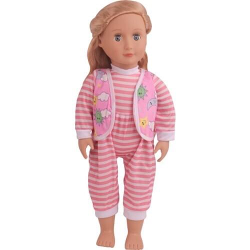 18 inch Girls doll clothes Cute pink print striped jumpsuit + hat American new born dress Baby toys fit 43 cm baby dolls c799