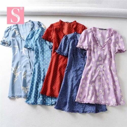 STVY 2020 New Spring Summer Women Fashion Ruffle Dresses Ladies Short Sleeve V-neck Sexy Slim A-line Dresses 5 Colors