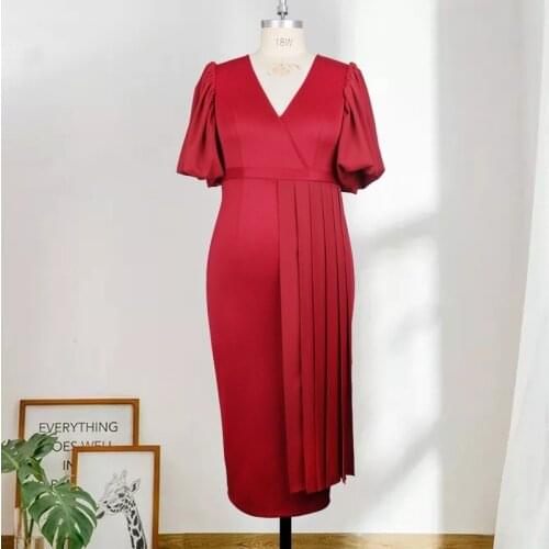 Summer High Waist Midi Dress Short Lantern Sleeve V-neck Womens Birthday Party Robe Slim and Thin High Waist Casual Women 2021