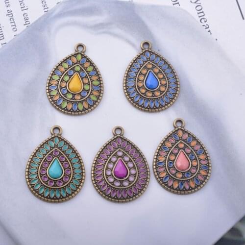 12pcs/lot 24*18mm Ancient Bronze Water Drop Enamel Charms Alloy Ear Pendant DIY Bohemian Style Jewelry Earring Components