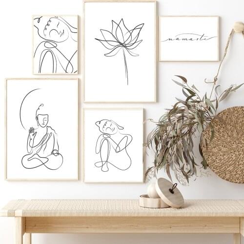 Meditating Buddha Line Art Print Minimalist Poster Zen One Line Drawing Namaste Quote Wall Art Canvas Painting Room Yoga Decor
