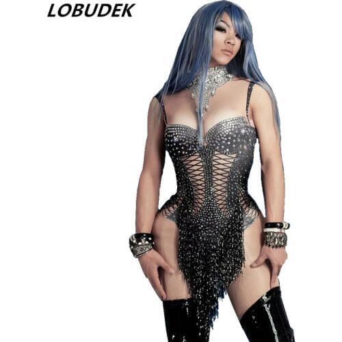 Sexy Club Bar DJ Female Singer Costume Shining Rhinestones Tassels Sleeveless Bodysuit Pole Dancing Elastic Leotard Stage Wears