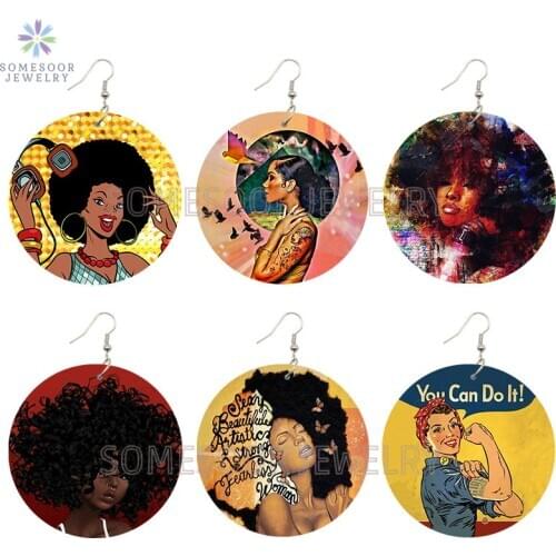 SOMESOOR Afro Boom Natural Hair Girl Wooden Drop Earrings Printed Strong Black Woman Positive Sayings African Wood Jewelry Gifts