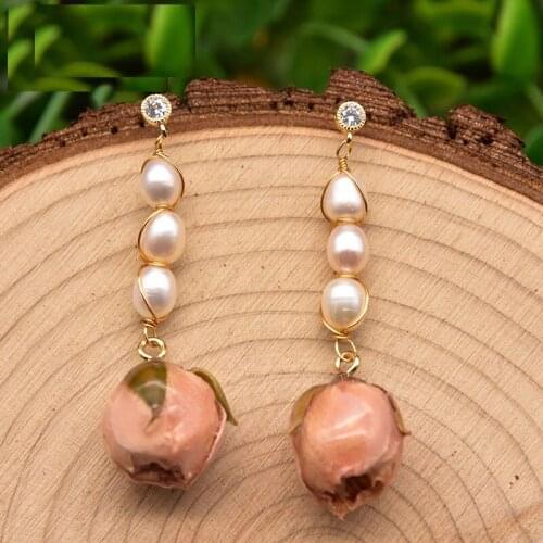 Natural Pearl Rose True Flower Drop Dangle Earrings Vintage Women Fashion Jewelry Long Tassel Beads Earring Girls Party Gifts