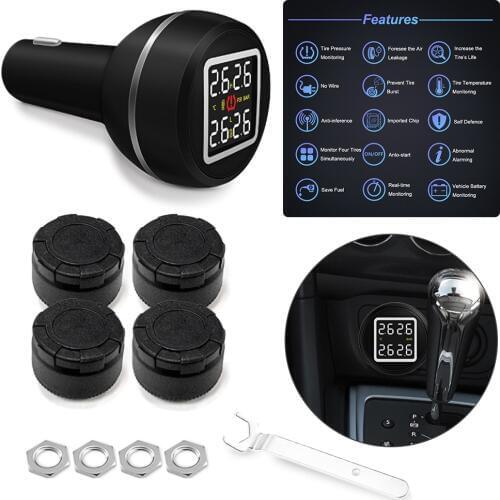 Car TPMS Tire Pressure and Temperature Monitoring System with USB Socket 4 External Sensors Tire Pressure Monitoring System
