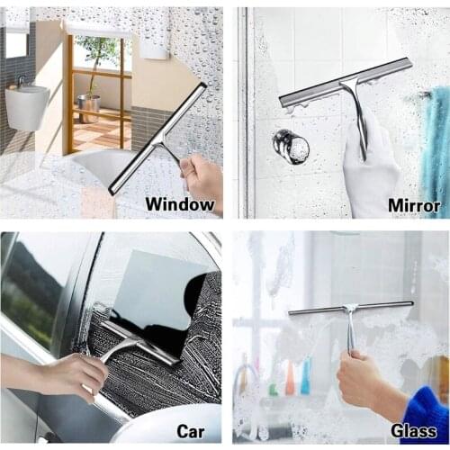 Shower Squeegee Stainless Steel Squeegee Window Wiper Cleaner with Sticky Hook for Car Glass Bathroom Scraper Tool
