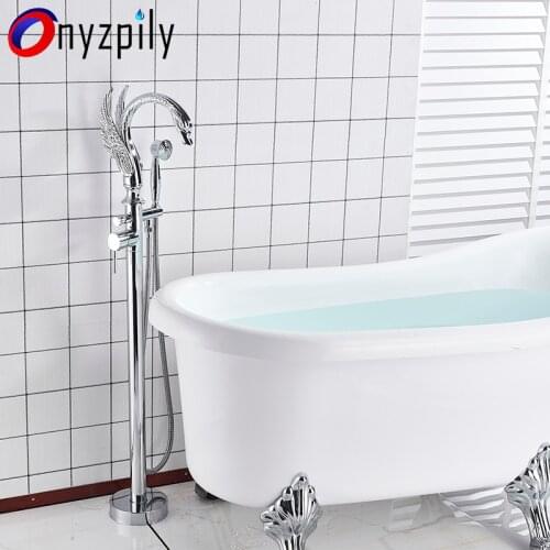 Swan Shape Bathtub Faucet Freestanding Bathroom Bath Tub Mixer Tap Single Handle with Handshower Floor Mounted Bath Shower Tap