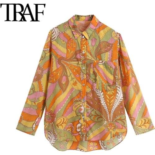 TRAF Women Fashion Floral Print Asymmetric Side Vents Blouses Vintage Long Sleeve Button-up Female Shirts Chic Tops