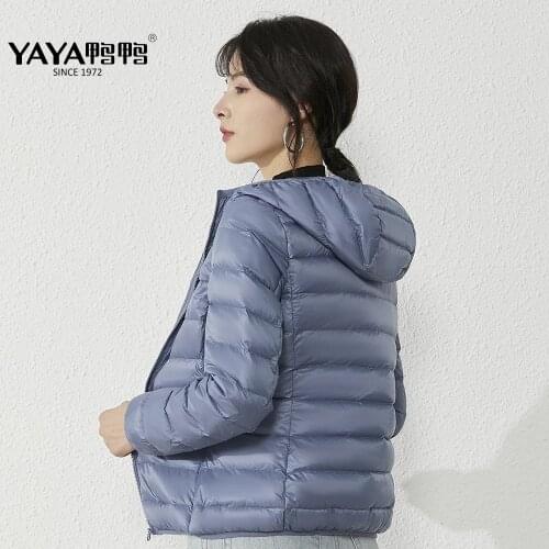 YAYA 2021 Spring New High Quality Womens Duck Down Jacket Lightweight Thin Short Hooded Warm Solid Color Outerwear