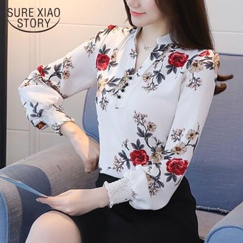 White Elegant Office Lady Floral Print V-Neck Long Sleeve Pullover Blouse Autumn New Workwear Women Tops and Blouses Blusas 6140